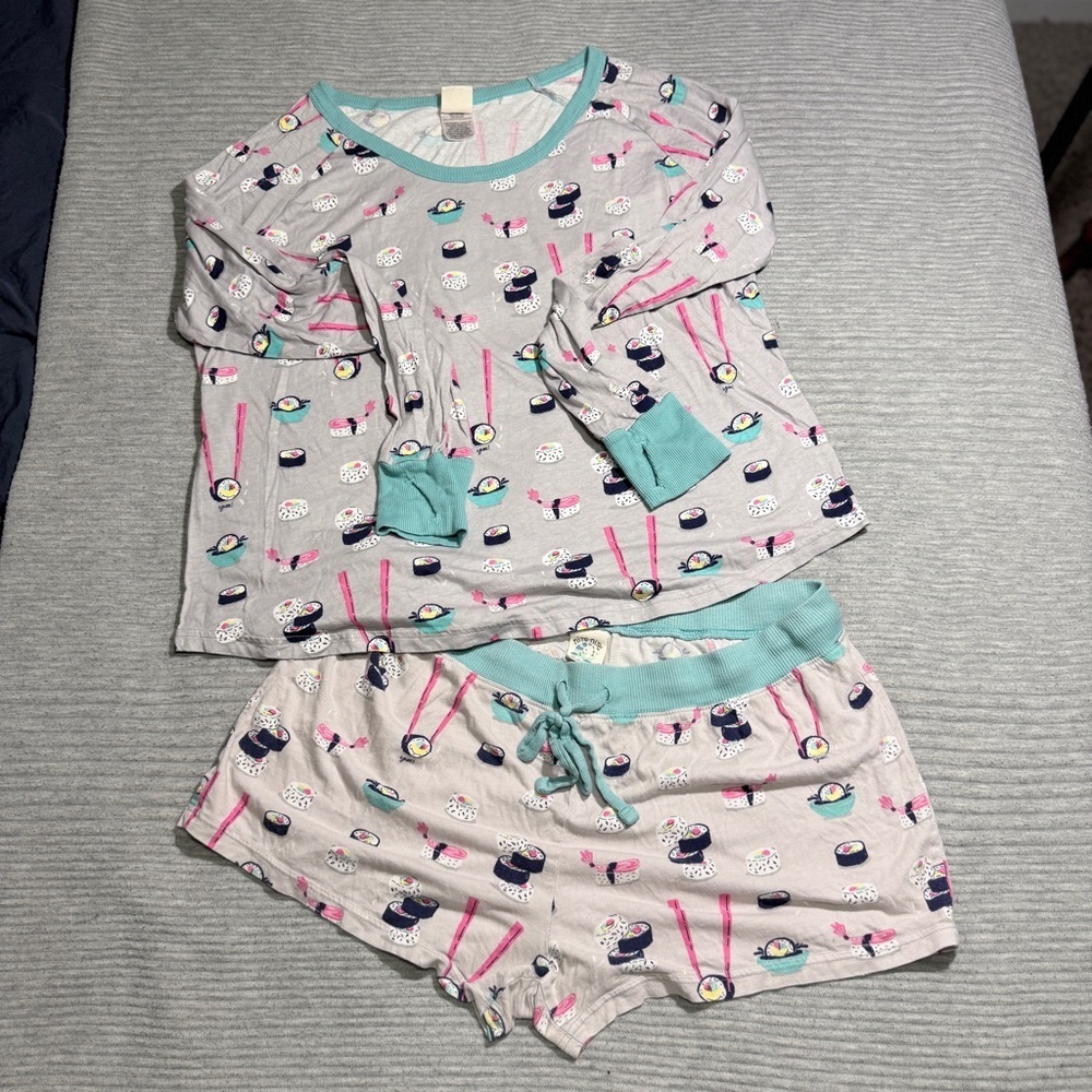 munki munki Women’s Sushi Print Novelty L/S Top and Shorts Pajama Set Size Large - Picture 4 of 8